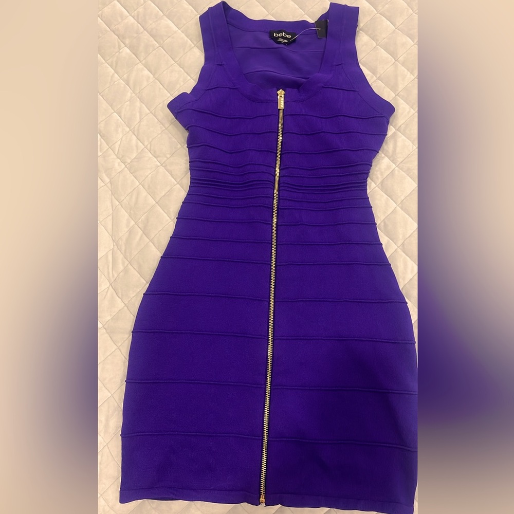 NWT Bebe bodycom purple dress S. Front zipper, open back. Showstopper, 🔥fit